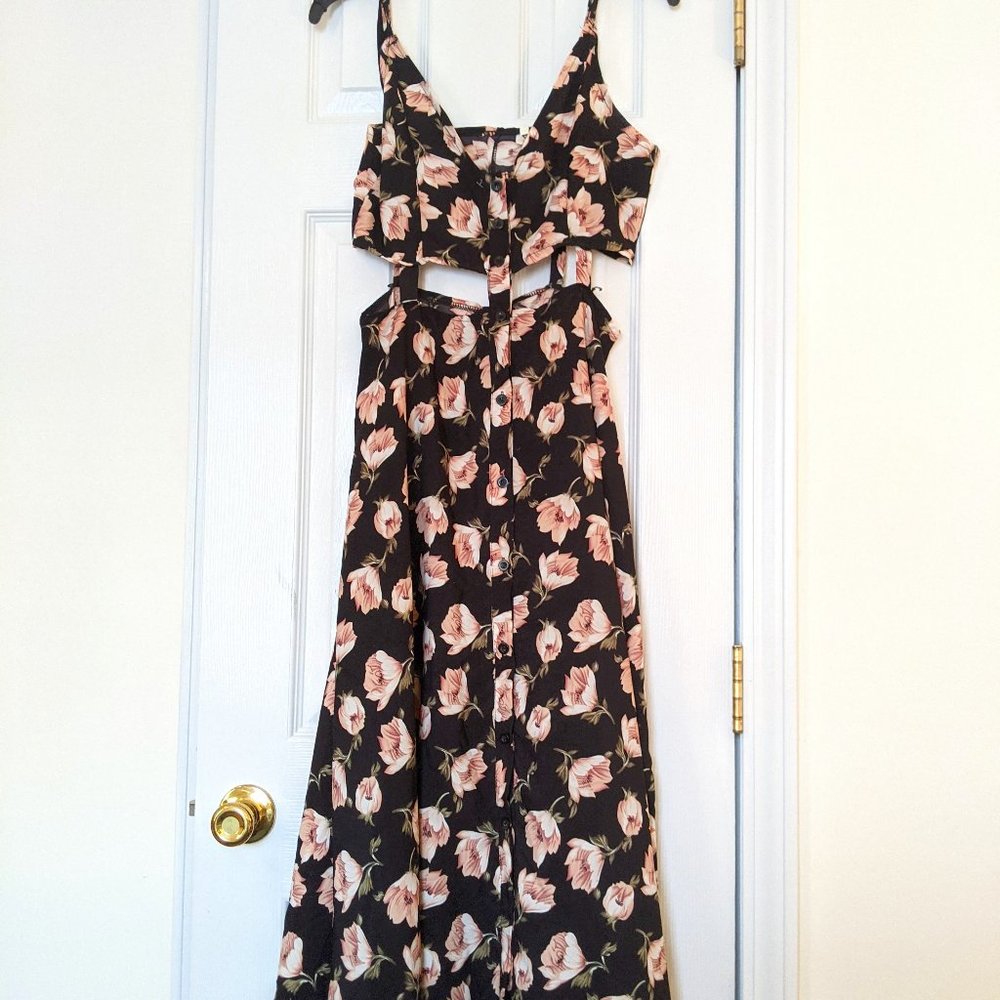 Maxi Cut-out Black Floral Sundress with Slits